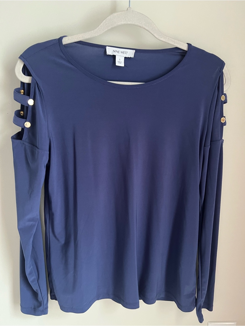 Nine West Navy Cold-Shoulder Long Sleeve Top with Gold Button Accents